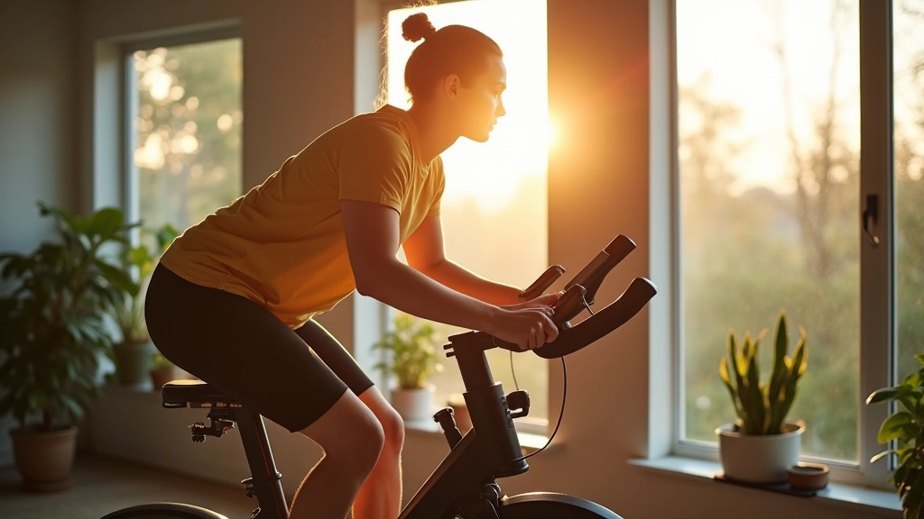 Person on stationary bike in modern home gym, morning sunlight, peaceful expression, professional fitness setting with plants