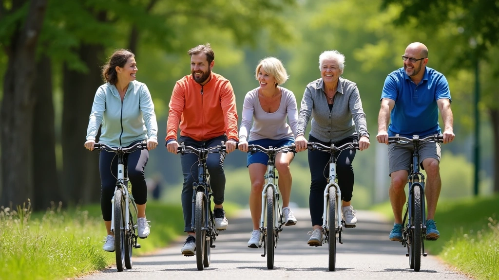 Diverse group of cyclists on path in urban park, sunny day, various ages and fitness levels, happy expressions, green trees b