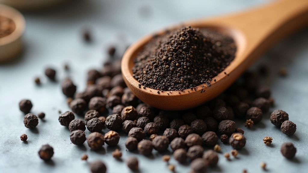 Close-up of freshly ground black pepper in wooden spoon with whole peppercorns scattered on marble surface, professional kitchen lighting, shallow depth of field