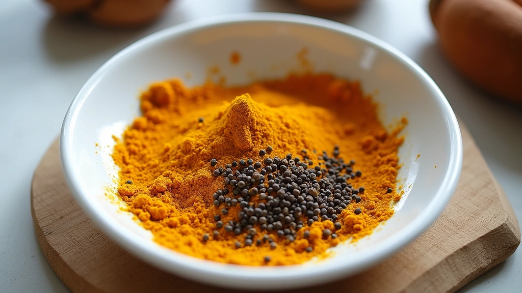Vibrant turmeric and black pepper spices being mixed in white ceramic bowl, bright natural daylight, clean culinary setting, 
