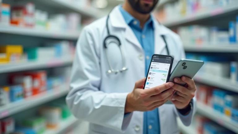 Person holding smartphone displaying pharmacy discount app interface, standing in modern pharmacy with colorful medication shelves blurred in background, professional healthcare setting