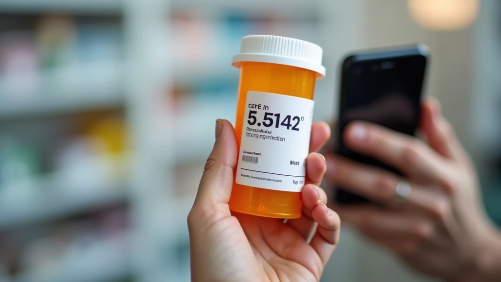 Close-up of hands holding prescription bottle and mobile phone showing discounted price, pharmacy counter visible, natural li