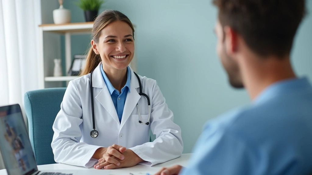 Healthcare provider in white coat consulting with patient via video call on laptop screen, professional medical office backgr