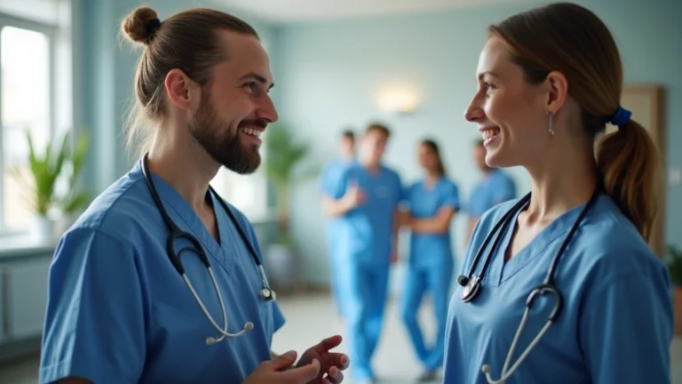 Professional healthcare provider meeting with patient in modern clinic setting, warm lighting, diverse medical team in background, no text visible