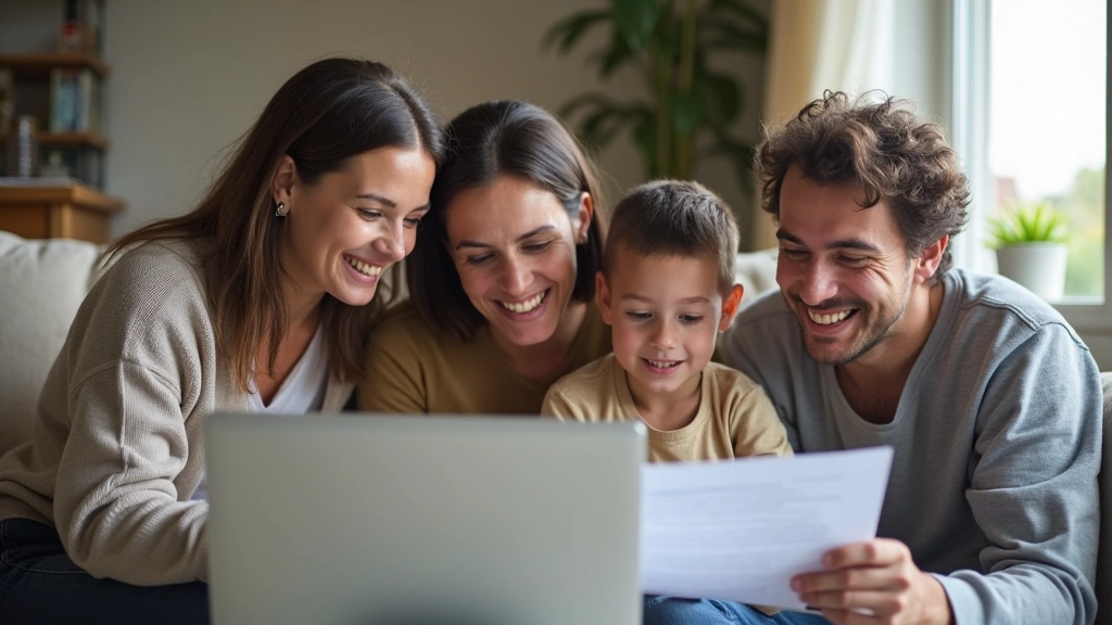Family reviewing health insurance documents at home with laptop, relaxed home environment, diverse family members, clear docu