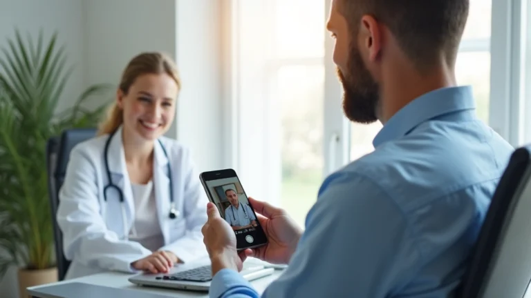 Patient using smartphone for video consultation with doctor in modern bright home office, natural lighting, professional medical setting, healthcare technology