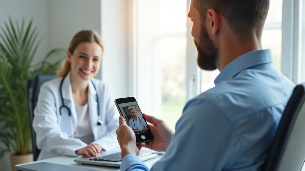 Patient using smartphone for video consultation with doctor in modern bright home office, natural lighting, professional medical setting, healthcare technology