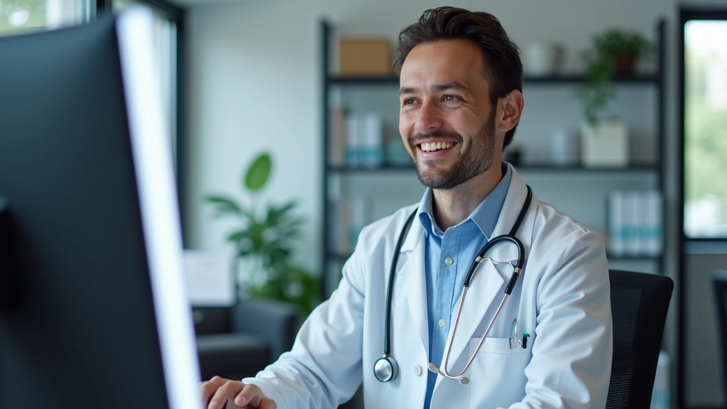 Healthcare provider in white coat during virtual consultation on computer, professional medical office background, digital he