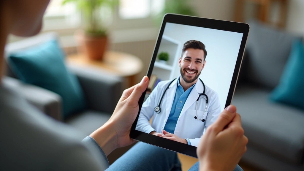 Person holding tablet during telehealth appointment, comfortable home environment, healthcare access, modern medical technolo