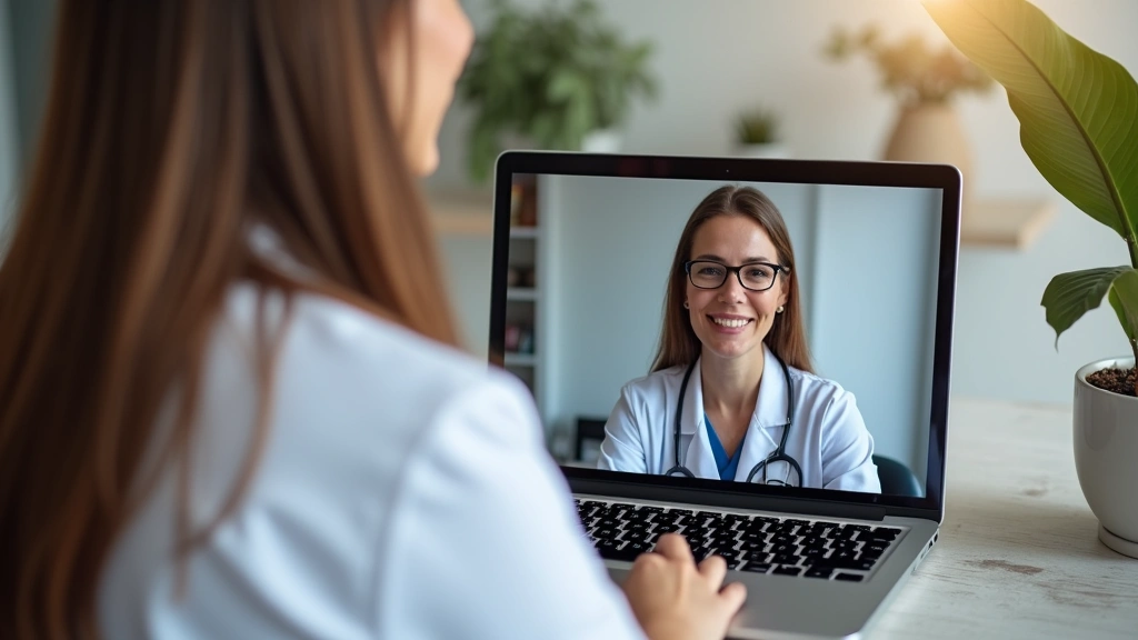 Professional female psychiatrist in white coat conducting video consultation on laptop, warm clinical office setting, patient