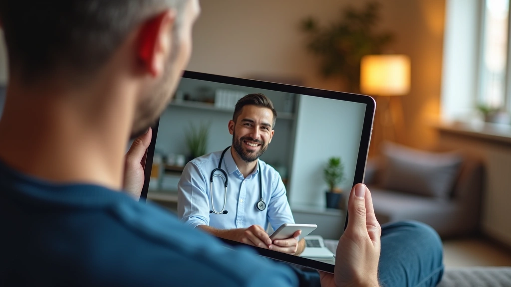 Male patient smiling during telehealth video call on tablet, comfortable home environment, warm lighting, professional medica