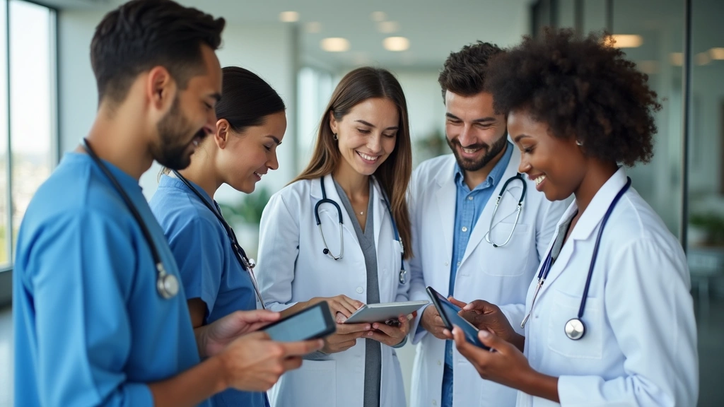 Diverse group of healthcare providers in modern clinic setting, reviewing patient files on digital tablets, collaborative men