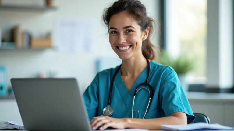 Professional woman in medical scrubs smiling at camera during video call on laptop in bright clinical office setting, natural lighting, healthcare technology visible