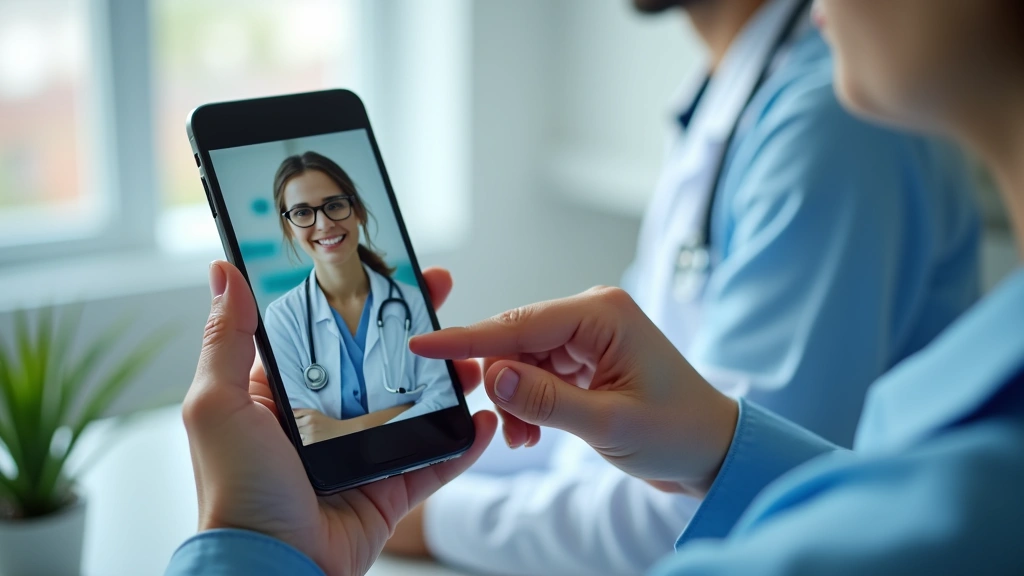 Close-up of patients hand holding smartphone showing secure video consultation interface with healthcare provider on screen,