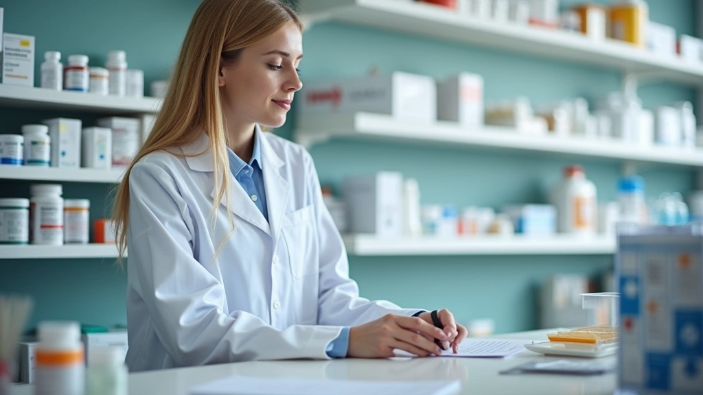 Pharmacist in white coat at pharmacy counter preparing prescription medications, organized shelving visible, professional hea