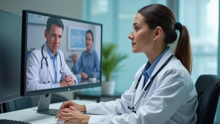 Doctor in white coat conducting professional telehealth video consultation on computer monitor, patient visible on screen, medical office background, healthcare technology setup, realistic professional setting
