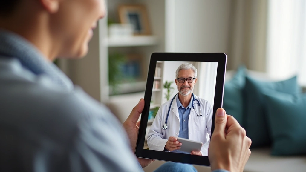 Senior Medicare patient receiving telehealth consultation from home via video call on tablet, comfortable home setting, clear
