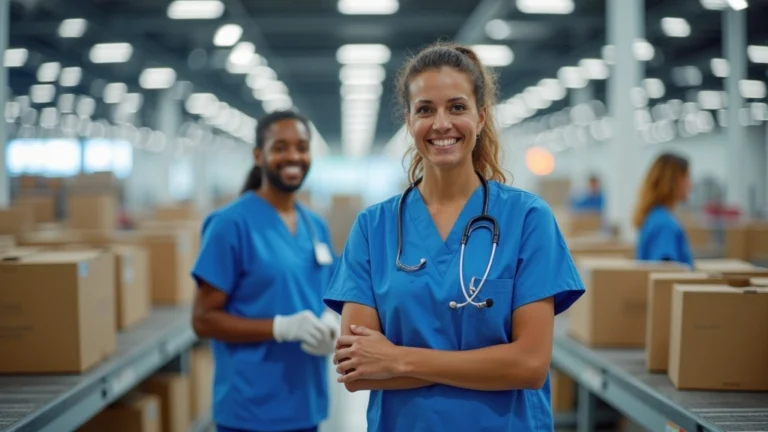 Professional healthcare workers in modern Cardinal Health distribution center with boxes and conveyor systems, bright lighting, diverse team