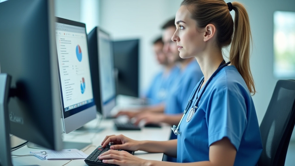 Registered nurse in hospital scrubs reviewing patient medication records at computer workstation, professional clinical envir