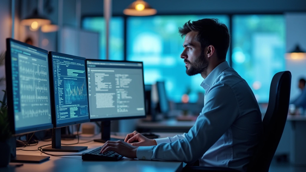 IT specialist working at desk with multiple monitors in modern corporate office, focused on healthcare software systems