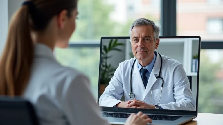 Professional healthcare provider conducting secure video consultation on laptop with patient, modern medical office background, natural lighting, HIPAA-compliant technology setup