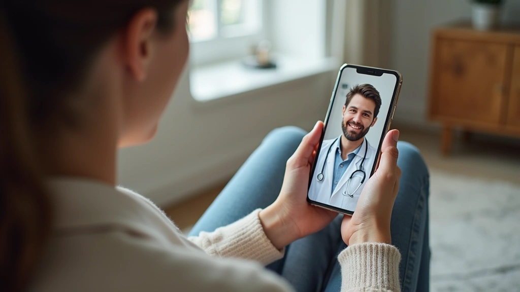 Patient using smartphone for virtual doctor visit from home, comfortable living room setting, relaxed posture, clear face vis