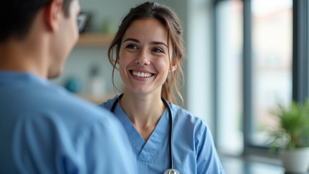 Licensed nurse practitioner or physician on video call screen, professional medical setting, caring expression, digital healt