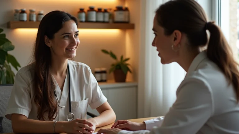 Professional naturopathic doctor consultation room with warm lighting, patient sitting across from practitioner at wooden desk, herbal medicine bottles visible on shelves, peaceful clinical environment