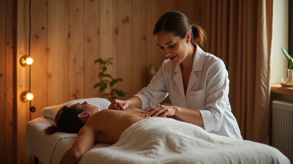 Licensed acupuncturist performing treatment on patients back in private treatment room, warm ambient lighting, sterile needle