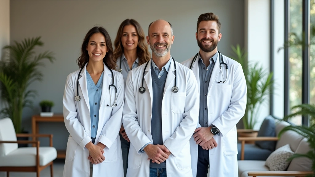 Diverse group of healthcare practitioners in white coats standing in modern integrative medicine clinic waiting area, profess
