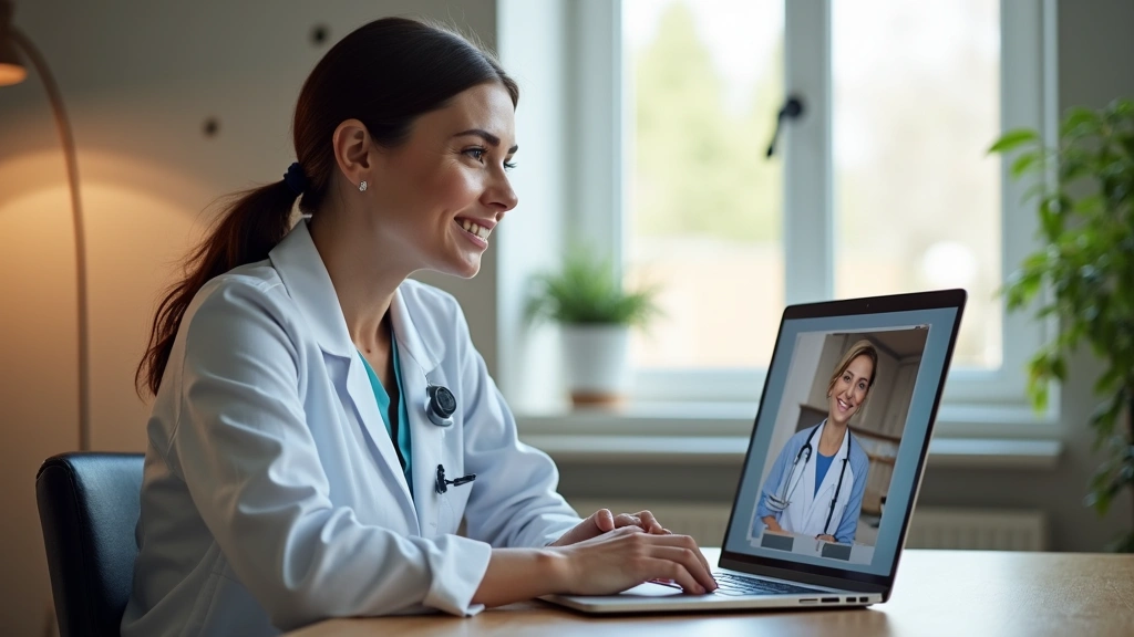 Professional woman having a telehealth video consultation on laptop at home, sitting at desk with notebook, calm healthcare setting, natural lighting, no text visible