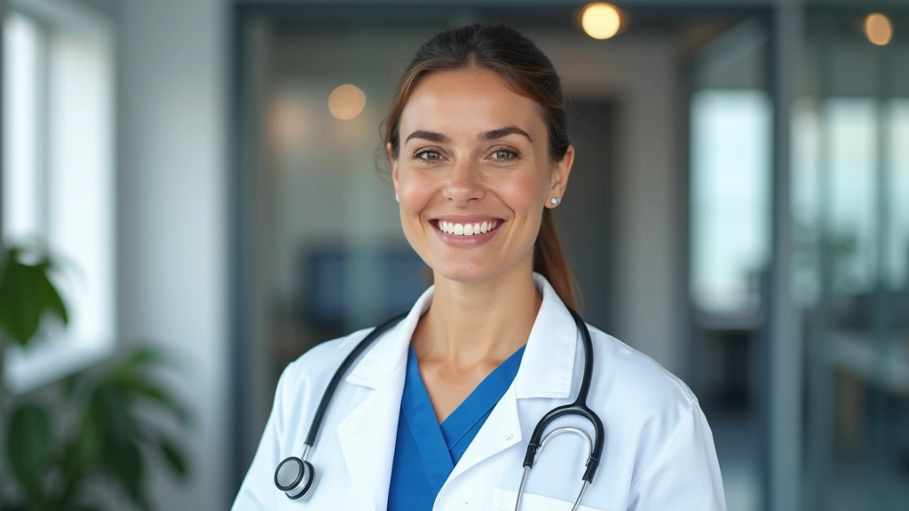Diverse healthcare provider wearing white coat on video call screen, modern medical office background, friendly expression, p