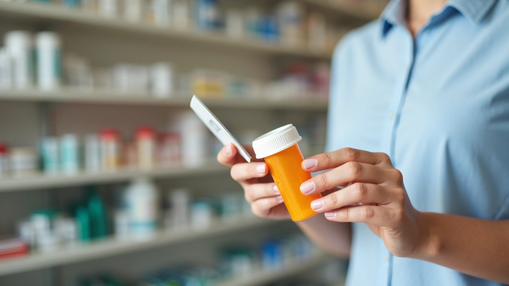 Patient holding prescription bottle and credit card, affordable medication concept, pharmacy setting in background, natural d