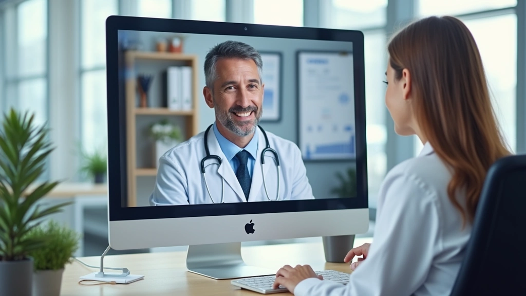 Healthcare provider in white coat conducting virtual video consultation with patient on computer screen in modern clinic office setting