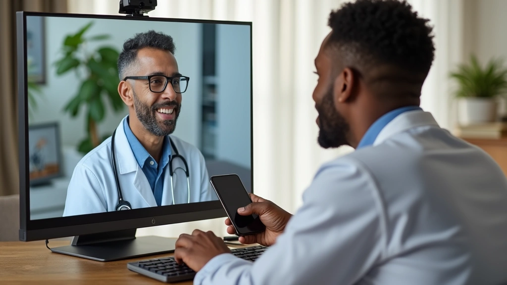 Diverse patients using secure video call technology for remote medical consultations from comfortable home environments with 