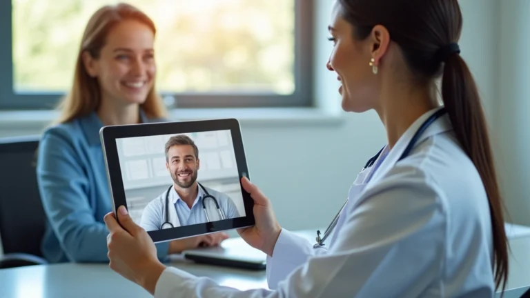 Healthcare provider conducting virtual video consultation on tablet with patient, professional medical office setting, natural lighting, modern telehealth technology setup