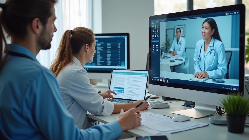 Medical team reviewing telehealth billing documentation and compliance records in healthcare office, computer screens showing