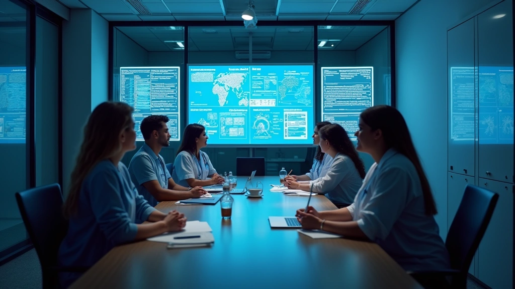Healthcare team collaborating around conference table with healthcare data analytics displays on wall screens