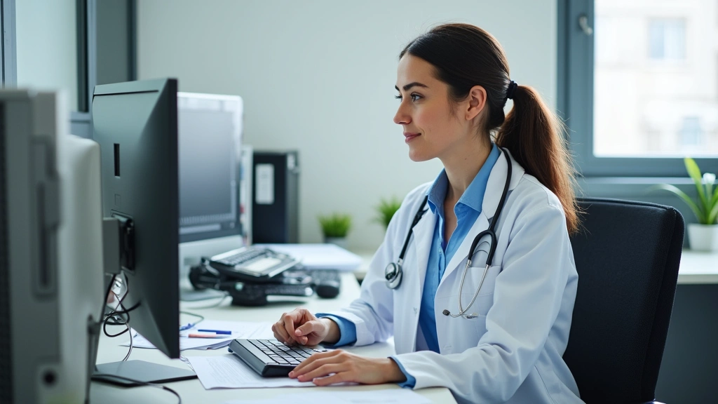 Medical billing specialist working at desk with healthcare claim documents and computer system in clinical office environment