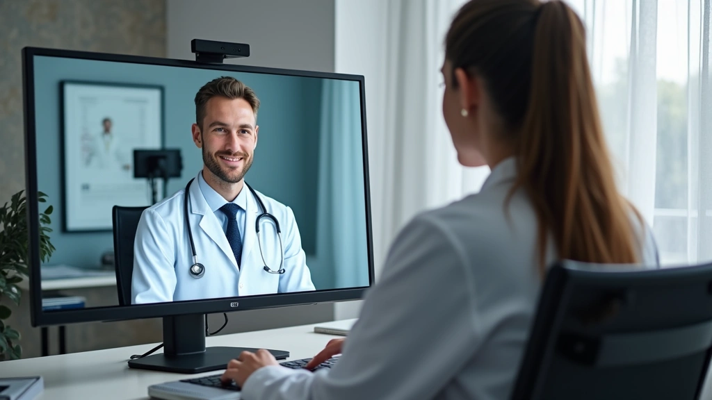Healthcare provider conducting a virtual video consultation with patient on computer screen in modern medical office with professional lighting and neutral background