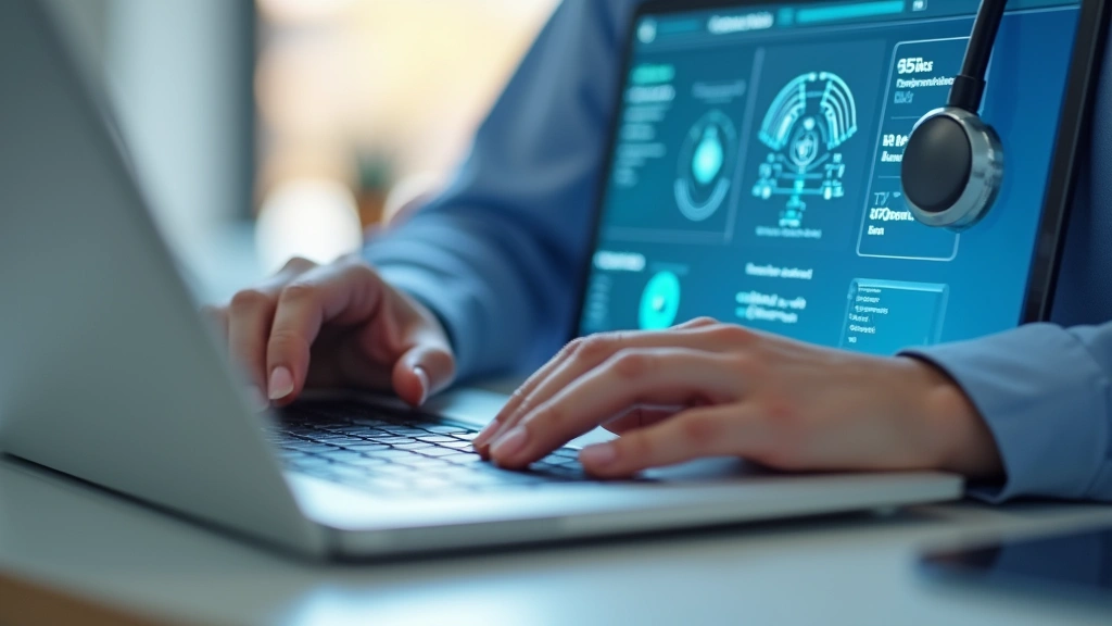Close-up of hands typing medical notes on keyboard with telemedicine application open on monitor, showing clinical documentat