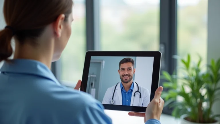 Professional healthcare provider conducting a telehealth video consultation on tablet with patient visible on screen, modern medical office background, natural lighting