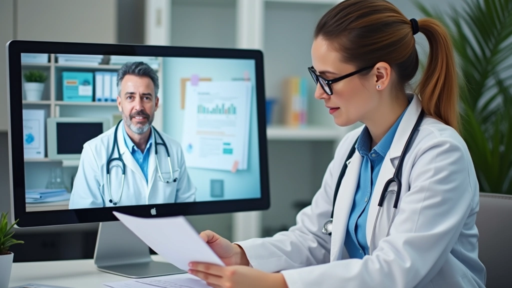 Medical billing professional reviewing telehealth visit documentation on computer screen with CPT code reference materials, o