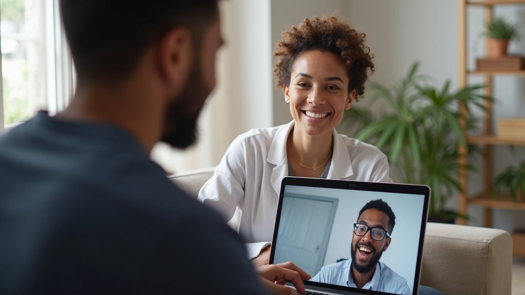 Diverse patient having telehealth video consultation from home using laptop, comfortable residential background, engaged faci