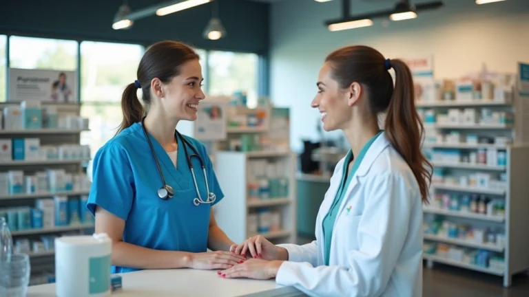 Professional pharmacy retail environment with healthcare workers at checkout counter, modern store interior, natural lighting, customer service focus