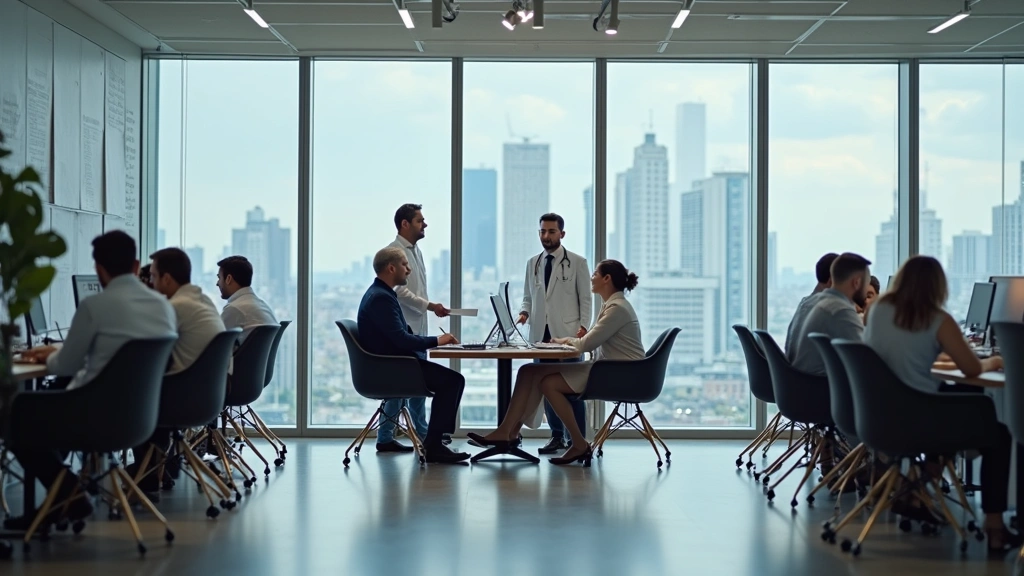 Corporate office workspace with diverse professionals at desks, business meetings, healthcare company headquarters, modern of