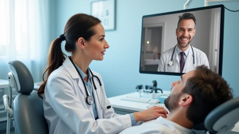 Professional dentist in white coat having a video consultation on computer with patient, modern dental office background, natural lighting, professional healthcare setting