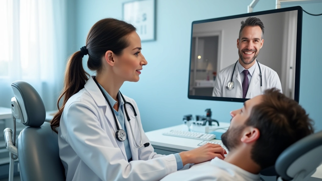 Professional dentist in white coat having a video consultation on computer with patient, modern dental office background, natural lighting, professional healthcare setting