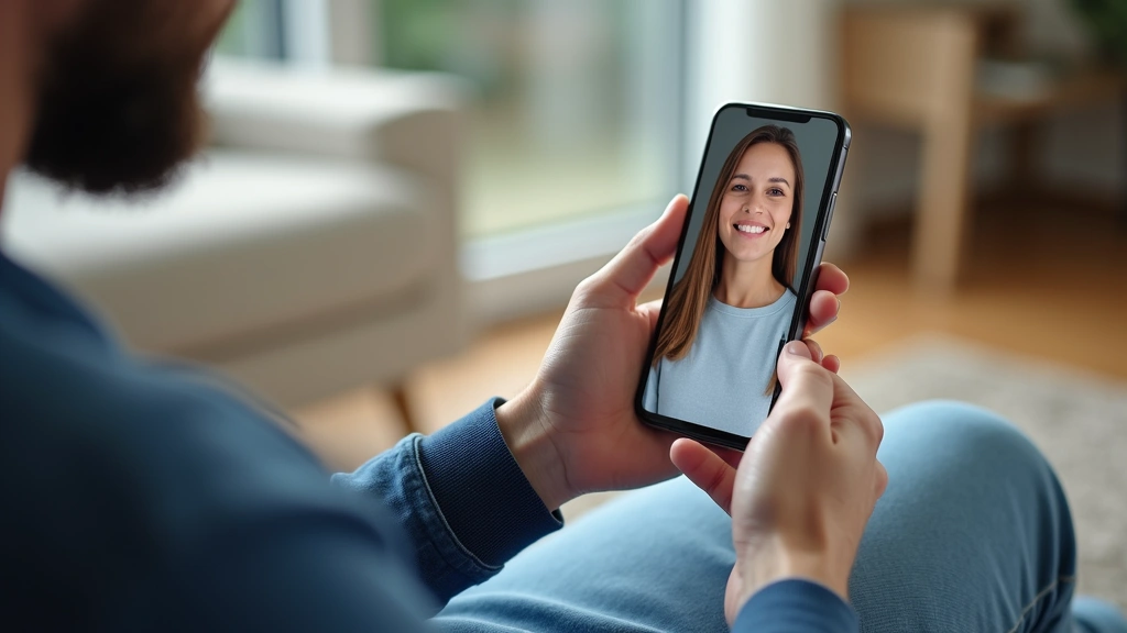 Patient using smartphone for virtual dental consultation, sitting at home in comfortable setting, clear face visible on scree