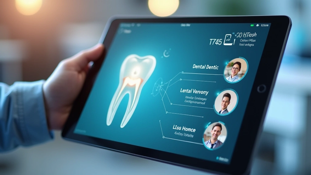 HIPAA-compliant telehealth platform interface on tablet showing dental consultation, secure encrypted connection indicators, 
